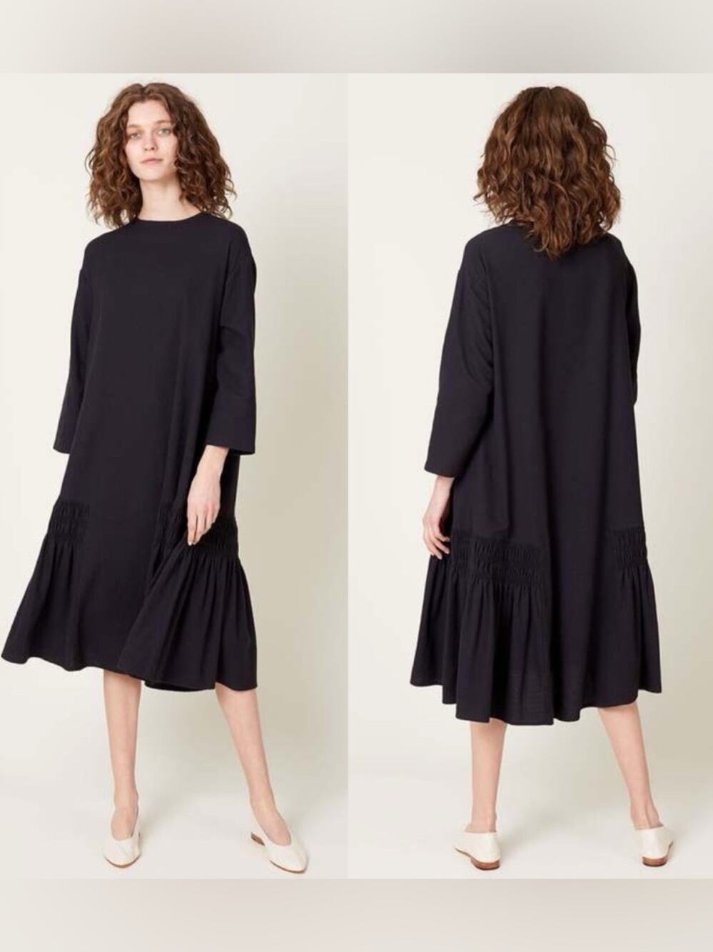 Black Crane Black Cotton Brushed Flannel Relaxed Gathered Midi Dress - Small